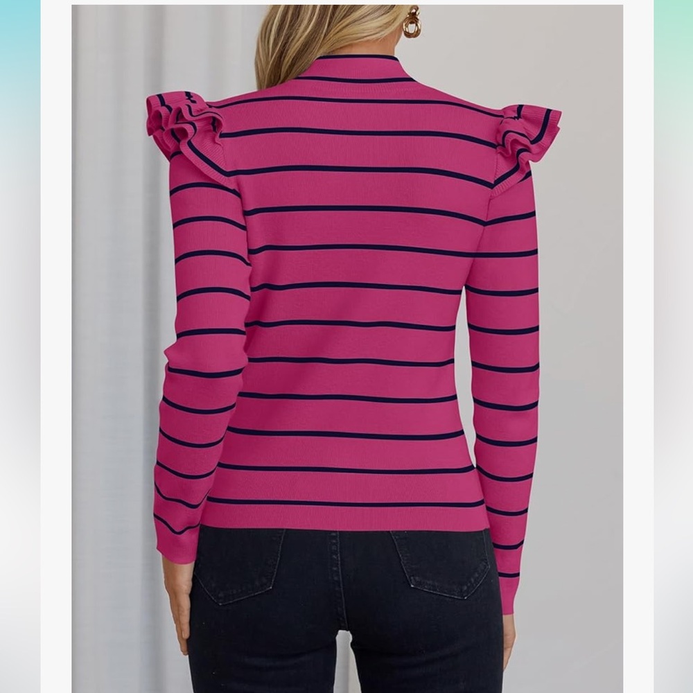Zesica Striped Ruffle Ribbed Turtleneck Sweater- Size Small - Picture 2 of 5